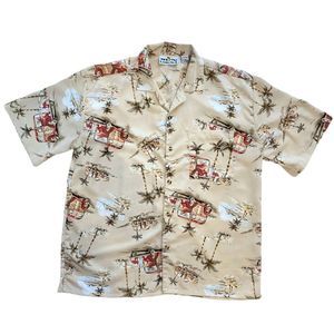 Sun Casuals Island Hawaiian Tropical Satin Button Down Men's Size Large